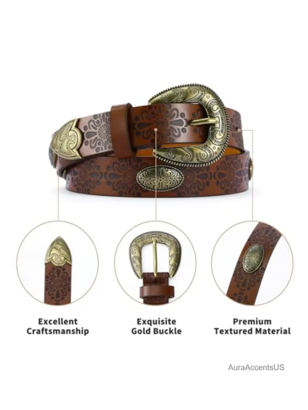 Vintage Cowgirl Engraved Belt Faux Leather Western Buckle Belts for Women